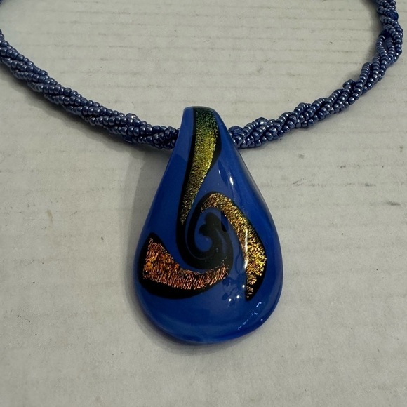 Art Glass Blue Hand Blown Glass Pendant With Seed Bead Multi-Strand Necklace - Picture 14 of 16